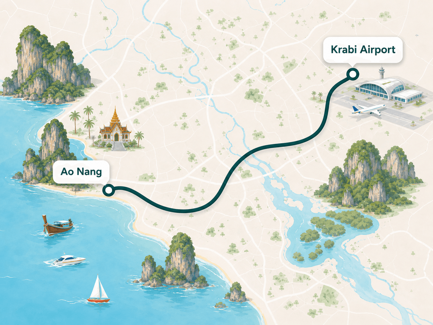 Ao Nang to Krabi Airport route overview map
