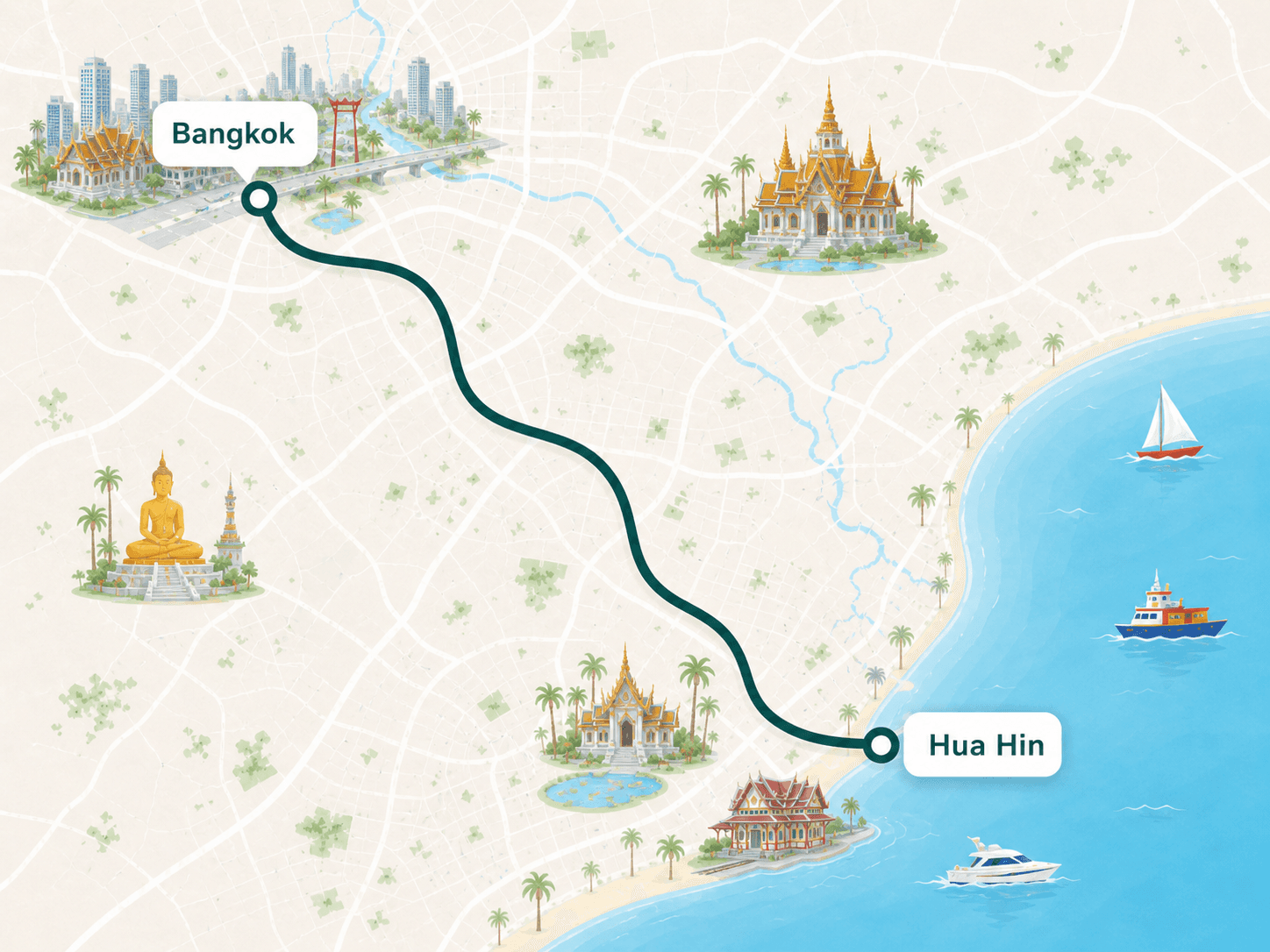 Bangkok to Hua Hin route overview map
