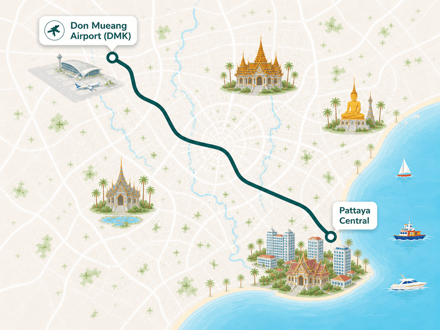 Pattaya to Don Mueang Airport route overview map