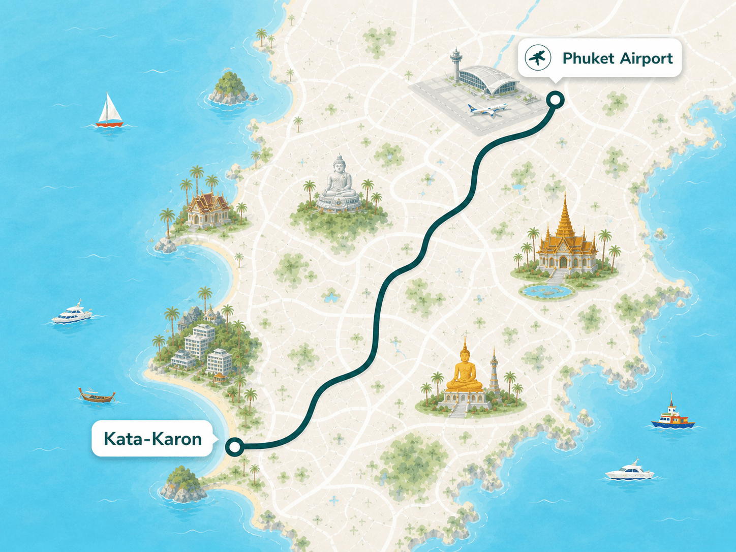 Phuket Airport to Kata and Karon route overview map