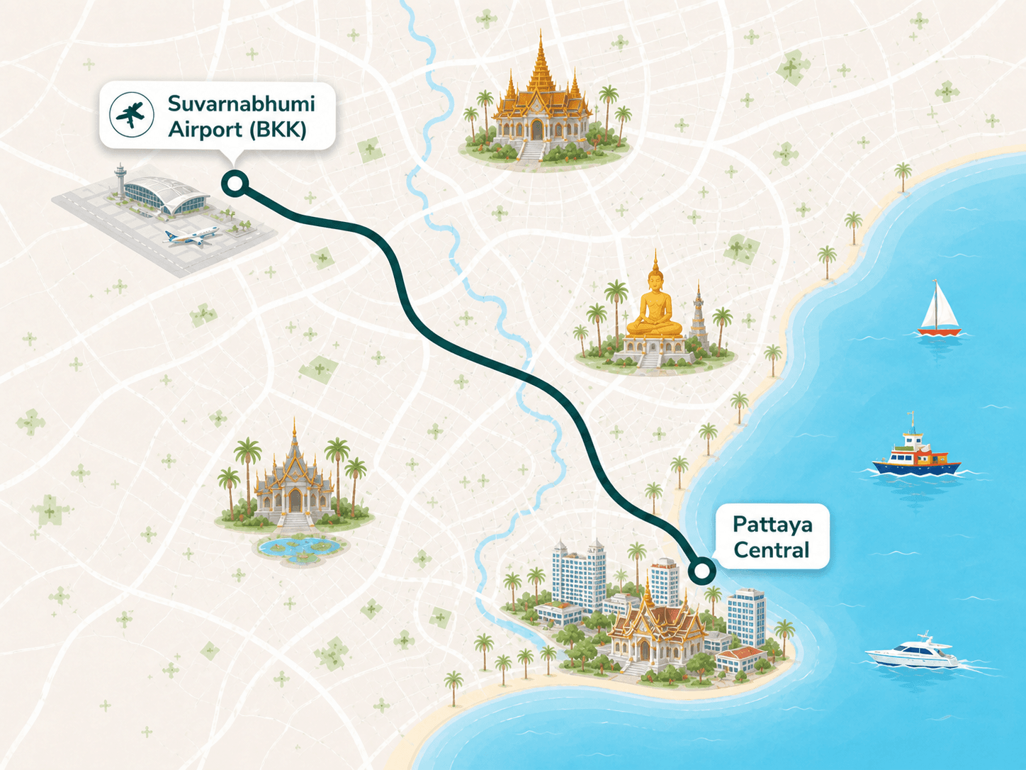 Pattaya to Bangkok Airport route overview map
